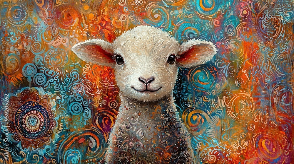 Wall mural a painting of a sheep standing before a swirling, circular composition on a multicolored background