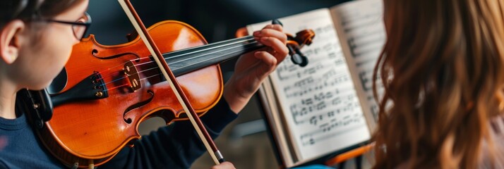 Fototapeta premium A young girl is playing the violin while her teacher looks on