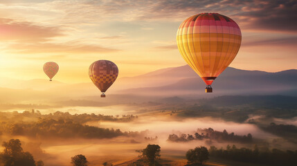 Obraz premium the colorful spectacle of hot air balloons drifting peacefully over a mist-covered valley at dawn