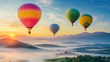 Fototapeta premium the colorful spectacle of hot air balloons drifting peacefully over a mist-covered valley at dawn
