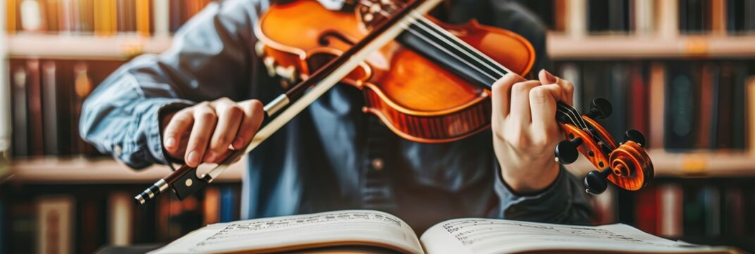 A person is playing a violin in front of a bookcase