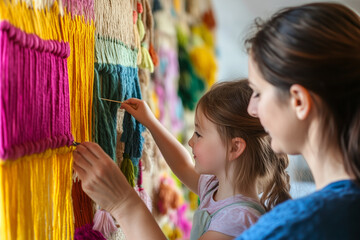 A family crafting DIY home decor items such as colorful woven wall hangings