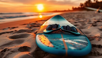 Surfing gear on a sandy beach, adventurous and practical, Coastal, Bright hues, Photograph, Surf preparation