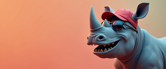 Obraz premium Rhinoceros wearing sunglasses and sport cap on a colored background, standing on the right side of the picture, realistic, realism, HQ and Detailed