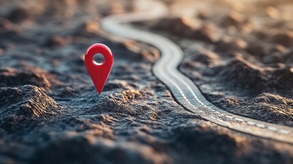 A red map pin rests on a winding road, set against an abstract backdrop. The imagery symbolizes concepts of navigation, geolocation, and the search for the correct path.