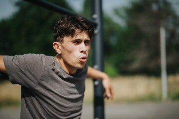 A young man working out in an outdoor setting, showing determination and focus during his exercise...