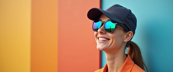Naklejka premium Finnish Woman wearing sunglasses and sport cap on a colored background, standing on the right side of the picture, realistic, realism, HQ and Detailed