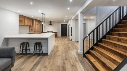 Explore this stunning contemporary basement renovation that boasts a spacious kitchen, an elegant staircase, and cozy decor. Its perfect for modern living and entertaining family and friends