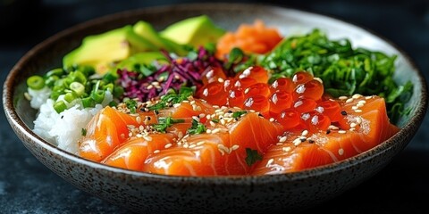 Salmon, Rice, Avocado, and Red Caviar Poke Bowl
