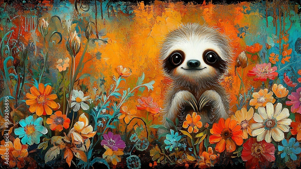 Sticker a painting depicts a baby slotty in a sea of orange-blue flowers