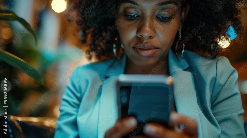 Aufkleber business owner using a phone in an office for networking and online communication, engaging in e-com