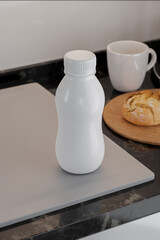 A white plastic bottle sitting on a dining table