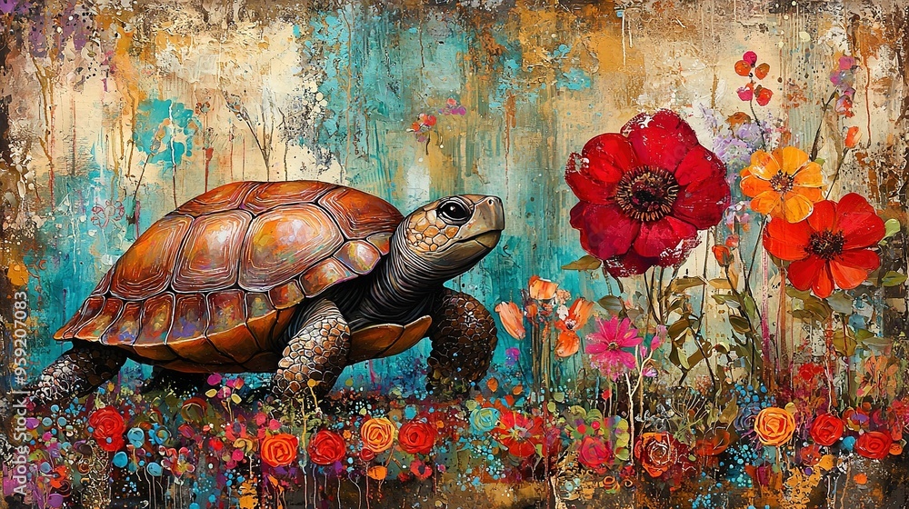 Wall mural   A painting depicts a turtle amidst a field of blooming flowers, with two red blossoms prominently positioned - one in the foreground and another in the background