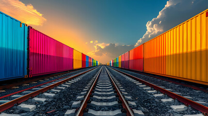 Fototapeta premium Colorful Cargo Containers on Railway Tracks at Sunset - Realistic Image