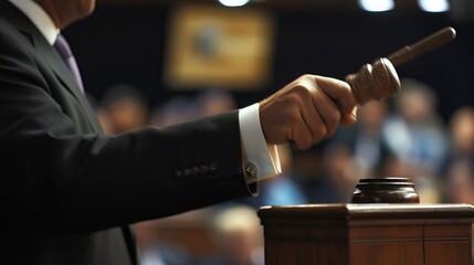 An auctioneer in a formal suit wields a gavel, orchestrating the bidding process at a public auction. The close-up shot captures the decisive moment of closing the bidding