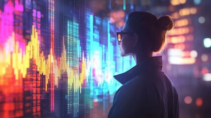 Exploring Future Insights: A Business Person Analyzing Data Visualizations in a Vibrant Cityscape