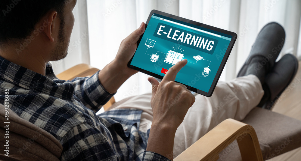 Poster e-learning website with modish sofware for student to study online on the internet network