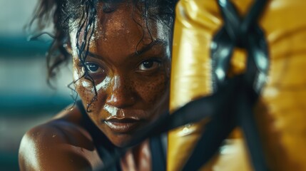Woman engaged in boxing training for fitness and strength at the gym, focusing on exercise and self-defense skills while hitting a punching bag