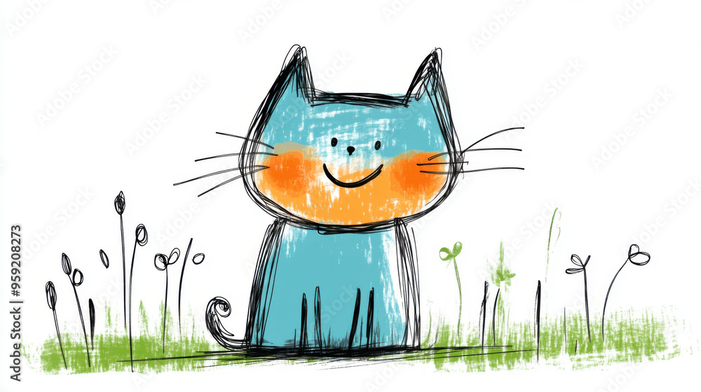 Poster a playful and colorful sketch of a smiling cat sitting in a field of grass and flowers, exuding joy 