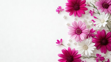 Obraz premium A white background with pink and white flowers adorned by pearls at their base
