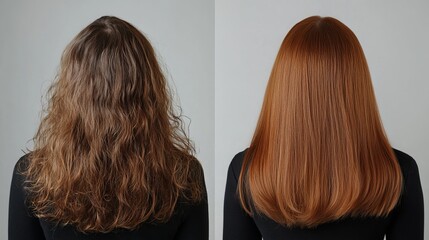 Fototapeta premium Before-and-after comparison of a woman's hair after receiving a hair treatment. The left side of the image shows the woman with frizzy, dry hair, while the right side shows the same woman