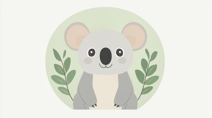 Naklejka premium Cute cartoon koala in circle frame with leaves