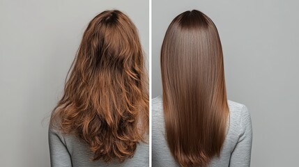 Fototapeta premium Before-and-after comparison of a woman's hair after receiving a hair treatment. The left side of the image shows the woman with frizzy, dry hair, while the right side shows the same woman