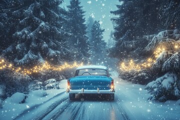 A vintage blue car drives through a snowy forest. Twinkling lights adorn the trees, creating a magical winter scene. Perfect for holiday themes. Generative AI