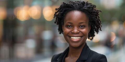 Confident smiling woman in professional attire showcasing pride and ambition in her legal career