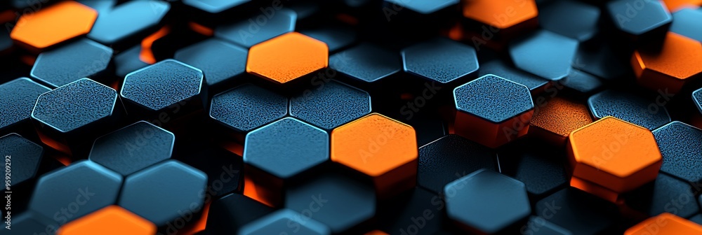 Poster 3d-rendered cobalt and orange hexagonal abstract pattern on a dark background.