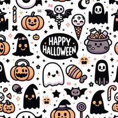 Seamless Halloween Pattern with Pumpkins, Bats, Ghosts, and Spiders