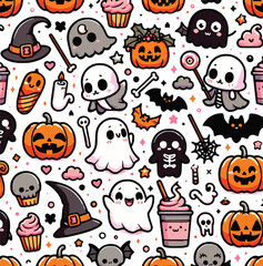 Seamless Halloween Pattern with Pumpkins, Bats, Ghosts, and Spiders