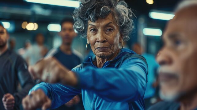 Elderly women stretching with a personal trainer before a wellness workout in a studio. Health and warm-up exercises for senior friends guided by a male coach in a gym