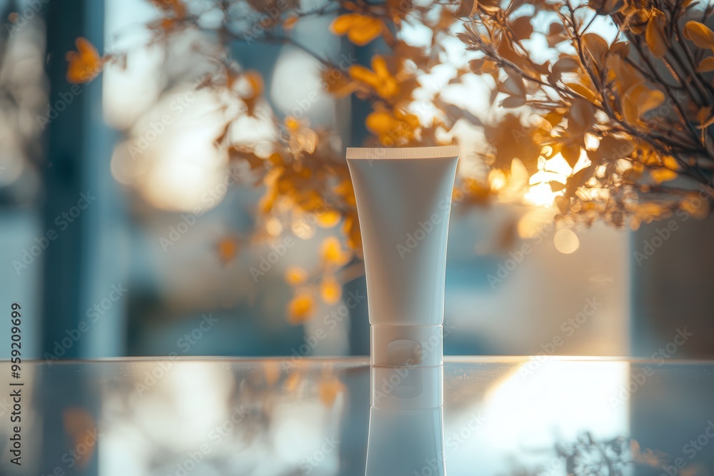 Aufkleber A tube of cream stands on a table, reflecting in a mirror while surrounded by warm autumn foliage in soft evening light. Generative AI