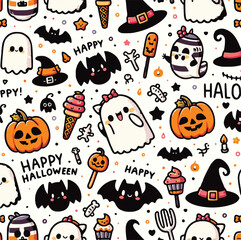 Seamless Halloween Pattern with Pumpkins, Bats, Ghosts, and Spiders
