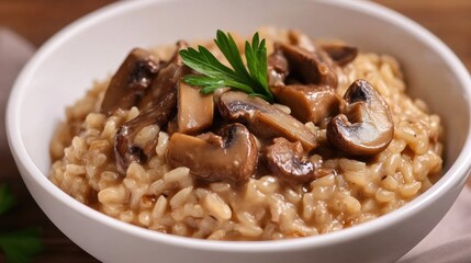 A bowl of rice and mushrooms with a garnish on top, AI