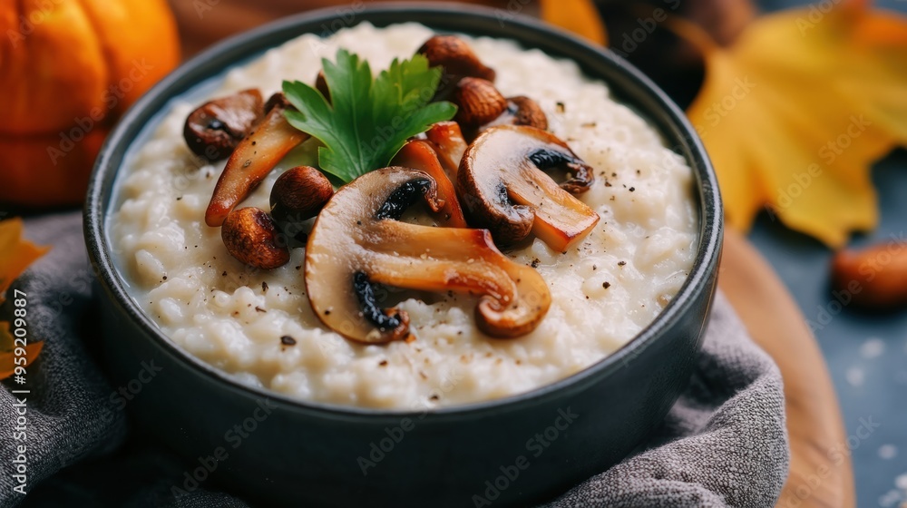 Wall mural A bowl of rice with mushrooms and nuts on top, AI