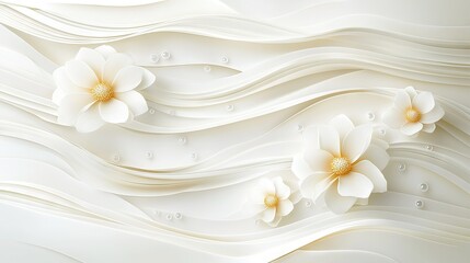   White flowers on wavy white background with dripping water