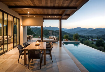 Fototapeta premium A luxurious outdoor patio with a dining table and seating area overlooks an infinity pool and mountains in the background. 