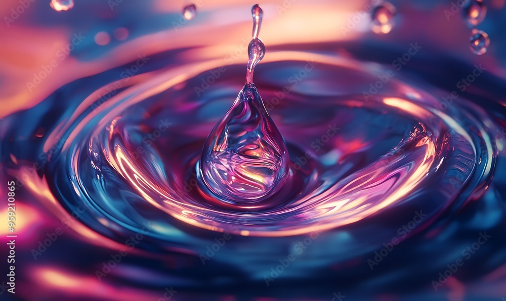Poster a single water drop falling into a pool, creating vibrant ripples of color