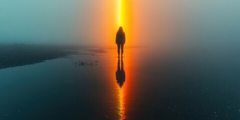 A Solitary Figure Stands in a Foggy Landscape Bathed in Golden Light