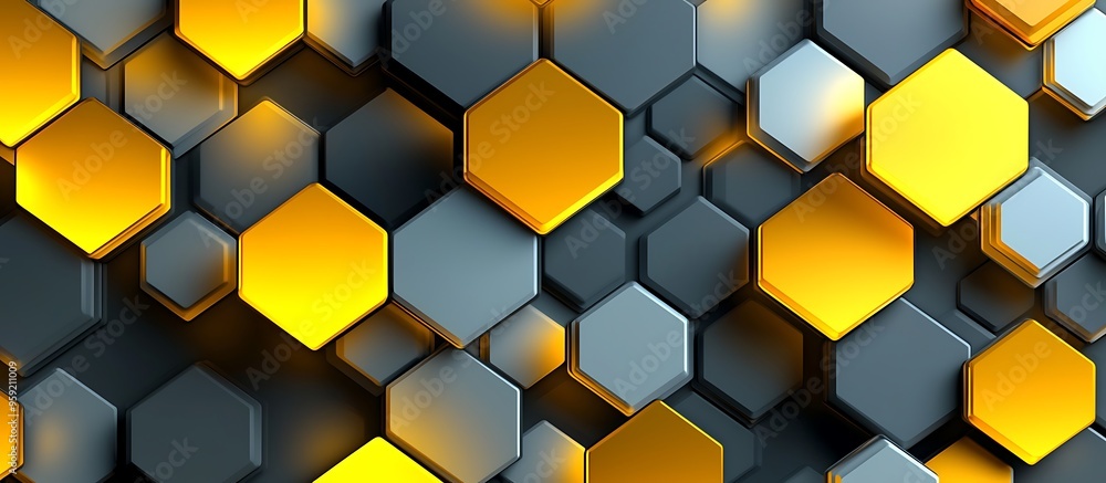 Poster modern design background with glowing yellow and gray hexagonal shapes.