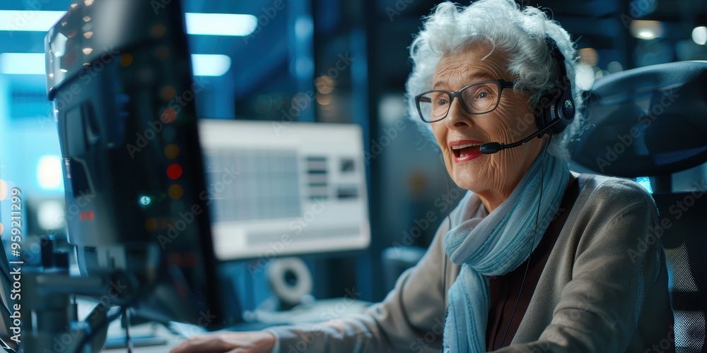 Poster elderly woman smiling while working at a desk in a customer service call center, using a computer to