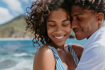 Fototapeta premium Couple enjoying a beach vacation, sharing hugs and romance while traveling, bonding through adventure and affection in a loving relationship