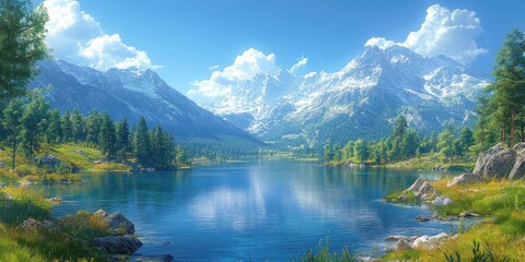 Fototapeta premium Tranquil Mountain Lake with Snow-capped Peaks and Lush Green Foliage