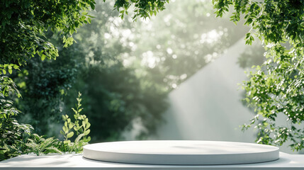 A stylish white podium placed in a sleek 3D abstract minimal environment, with a lush green forest providing a serene, natural atmosphere.
