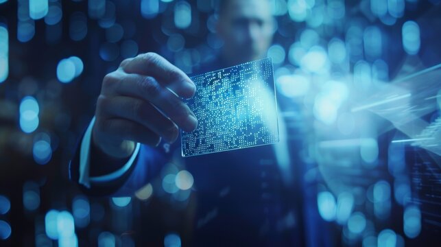Holographic representation of a cybersecurity professional dealing with phishing and scam analytics, featuring advanced technology and abstract firewall elements