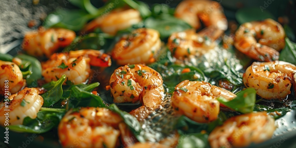 Poster Cooking marinated shrimp in a cast iron pan for making garlic shrimp pasta with spinach