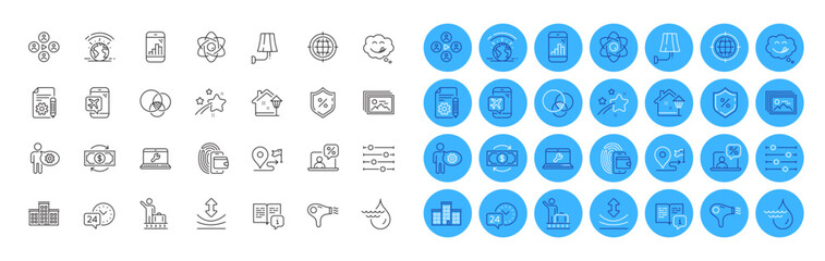 Hydroelectricity, Flight mode and Laptop repair line icons pack. 24h service, Cogwheel, Wallet web icon. Company, Documentation, Journey pictogram. Wall lamp, Manual, Image gallery. Vector