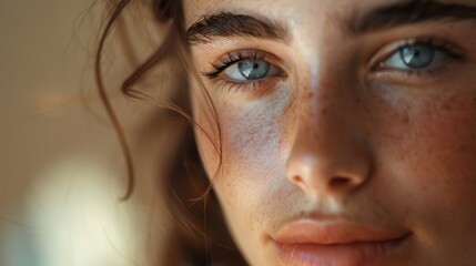Close-up portrait of a young woman showcasing radiant, smooth skin, highlighting her happiness after a facial spa treatment, perfect for wellness and skincare promotion